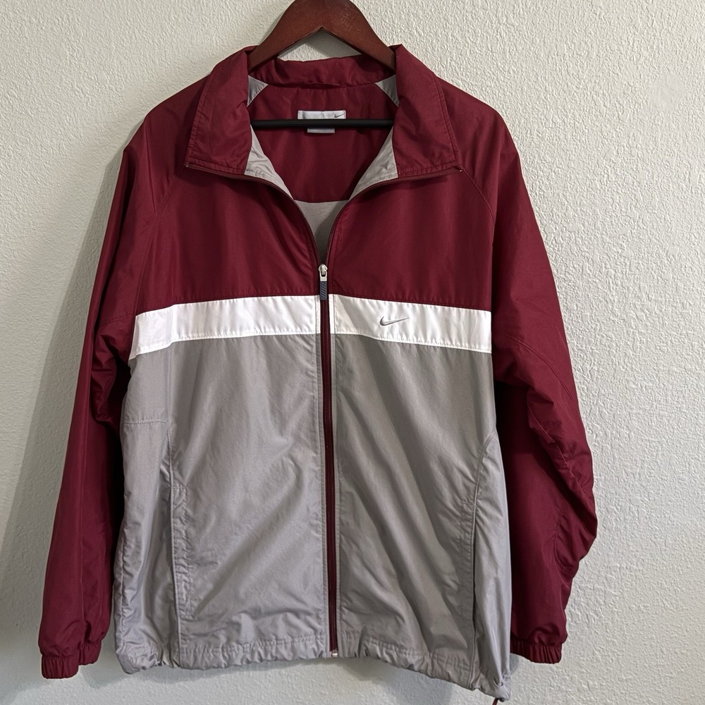 Nike Windbreaker Jacket Mens Large Burgundy Gray Full Zip Lightweight Swoosh
